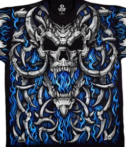 Clearance Blue Flame Skull Black T-Shirt T-Shirt | Skulls