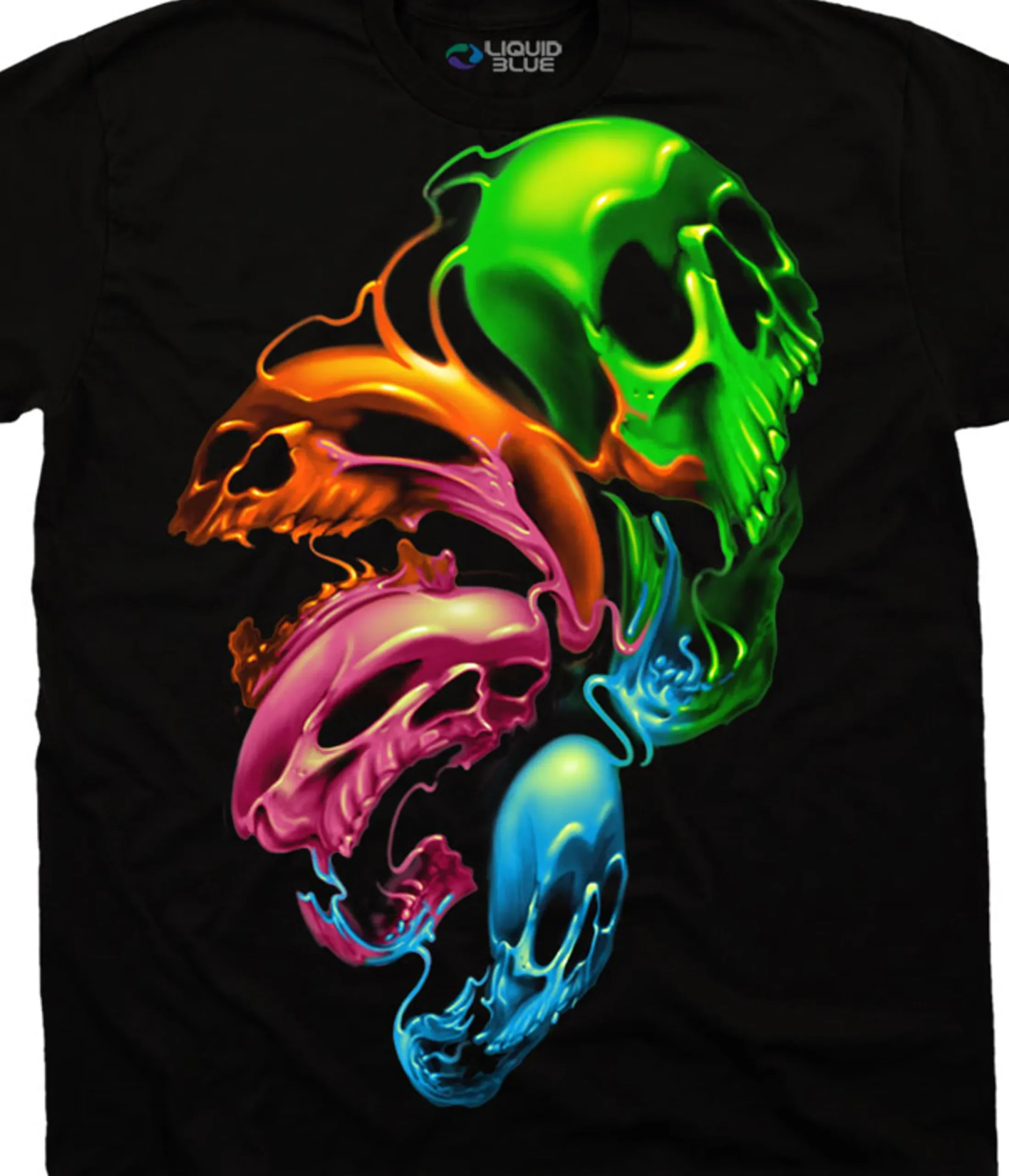 Online Liquid Neon Skulls Black T-Shirt T-Shirt | Halloween