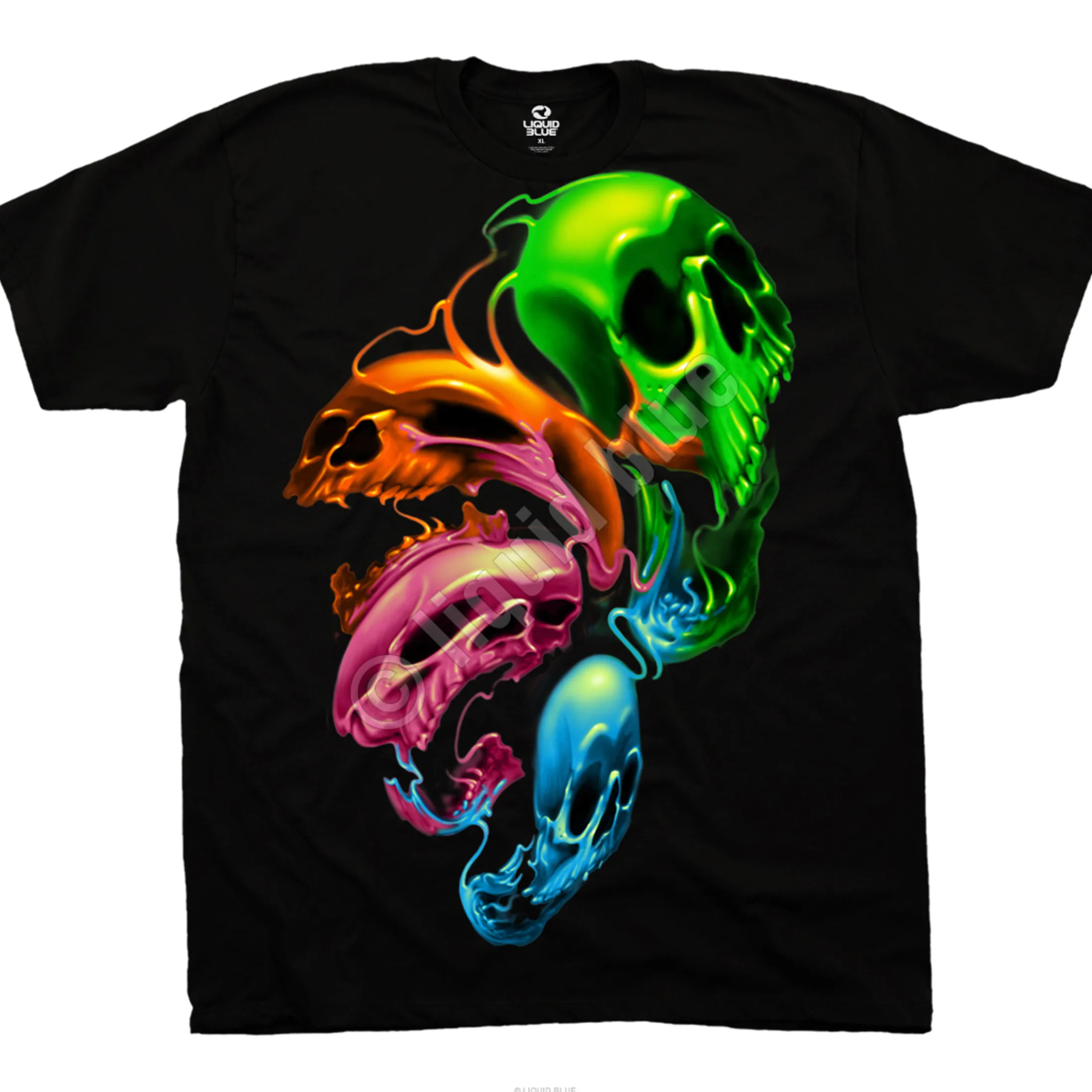 Online Liquid Neon Skulls Black T-Shirt T-Shirt | Halloween