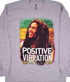 Clearance Marley Positive Vibrations Heather Grey Long Sleeve T-Shirt Long Sleeve | Rastafari Art