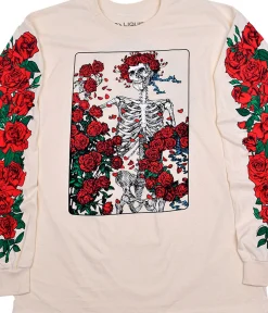 Best Woodcut Wheel & Roses Long Sleeve Natural T-Shirt Long Sleeve | Liquid Blue
