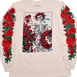 Best Woodcut Wheel & Roses Long Sleeve Natural T-Shirt Long Sleeve | Liquid Blue