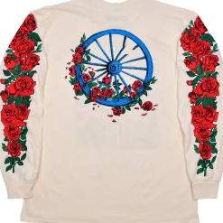 Best Woodcut Wheel & Roses Long Sleeve Natural T-Shirt Long Sleeve | Liquid Blue